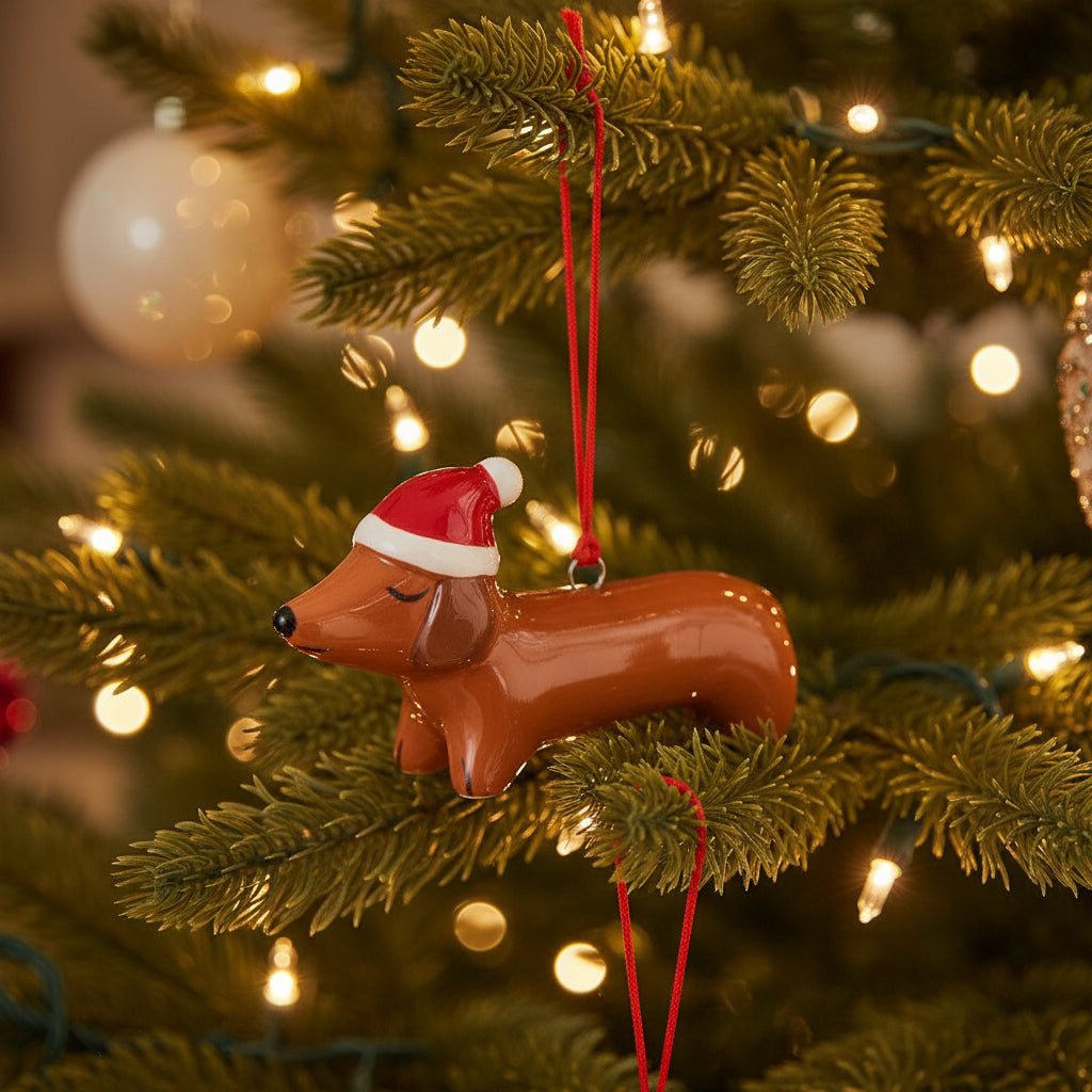 Sausage Dog Shaped Ceramic Decoration on a warm light-wood tabletop with soft pine sprigs behind