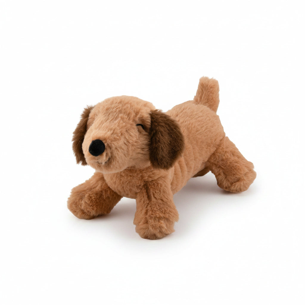 Caramel plush sausage dog soft toy with dark brown floppy ears