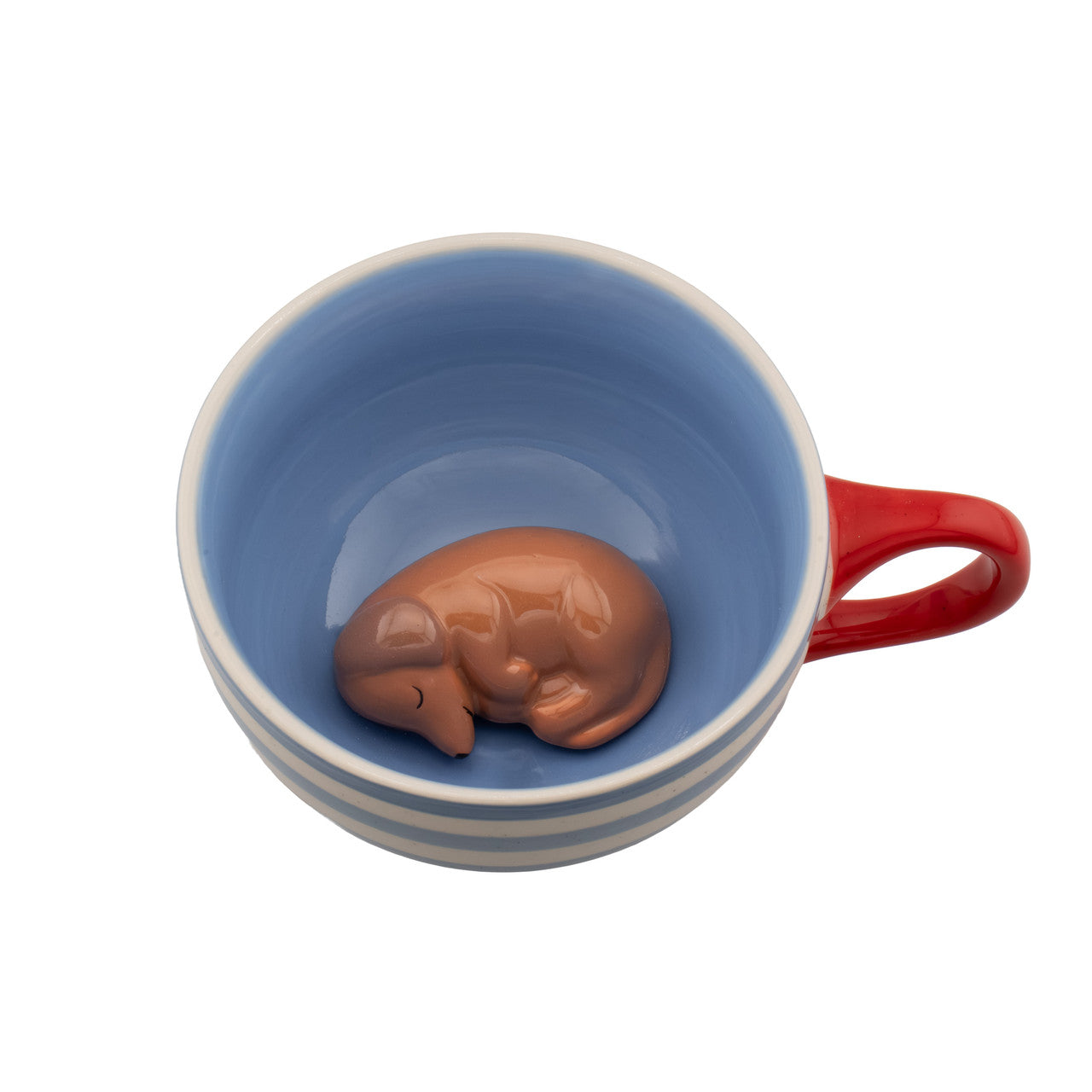 Sleeping ceramic sausage dog inside the blue cup, seen from above