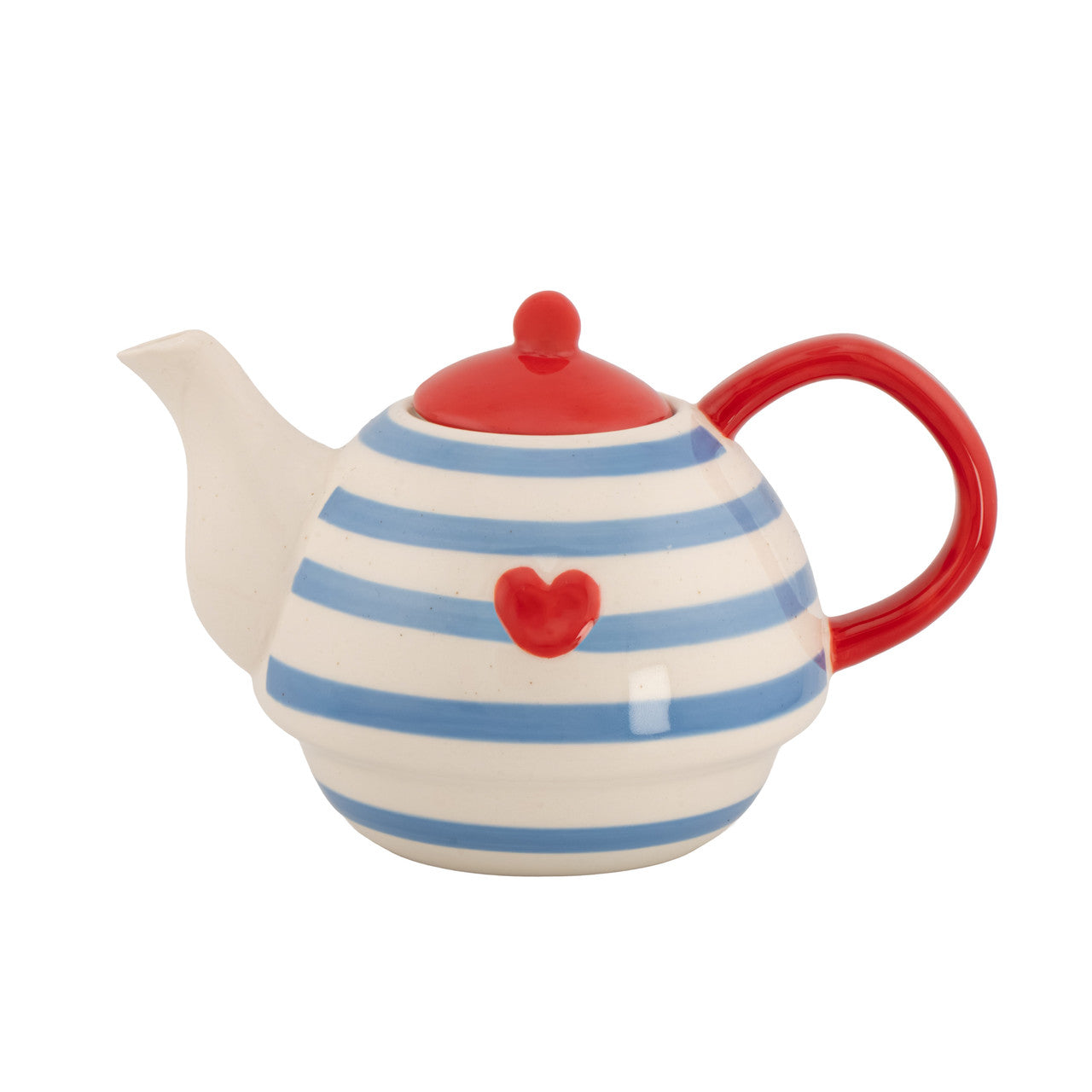 Blue striped stoneware teapot with a red lid and heart detail