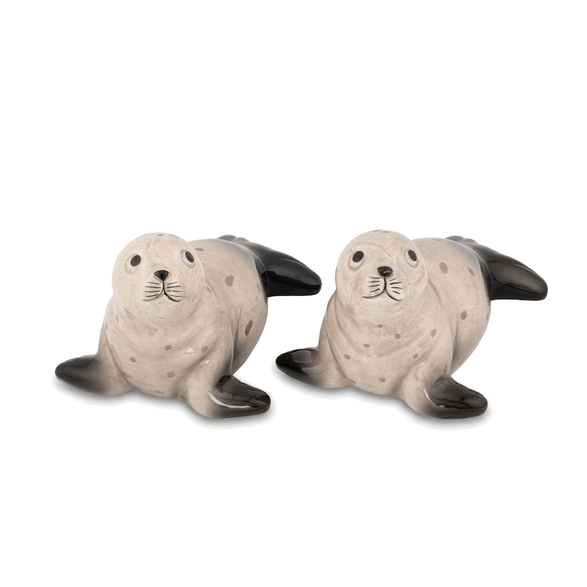 Seal Salt and Pepper Shakers grey spotted pair on a pure white background