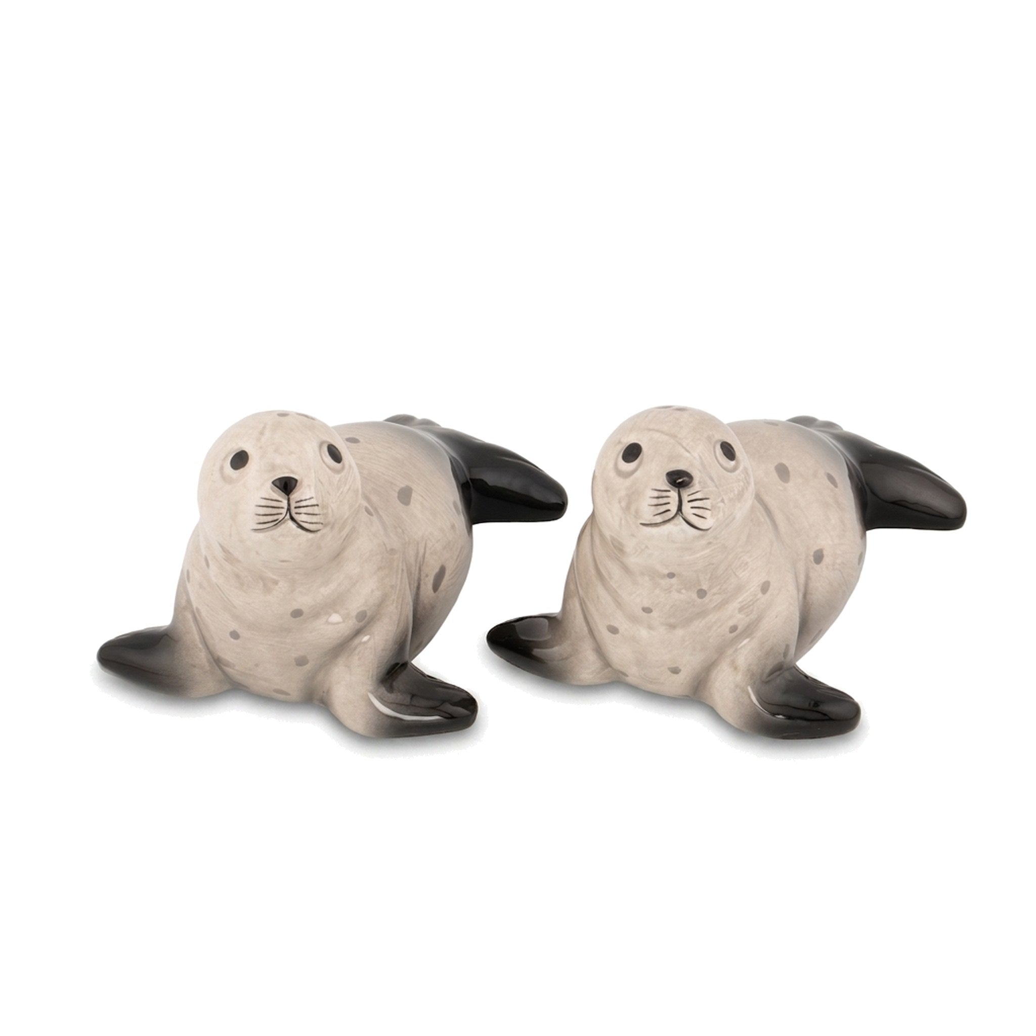 Seal Salt and Pepper Shakers grey spotted pair on a pure white background
