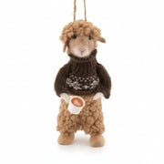 Felt sheep decoration in a knitted jumper holding a coffee cup