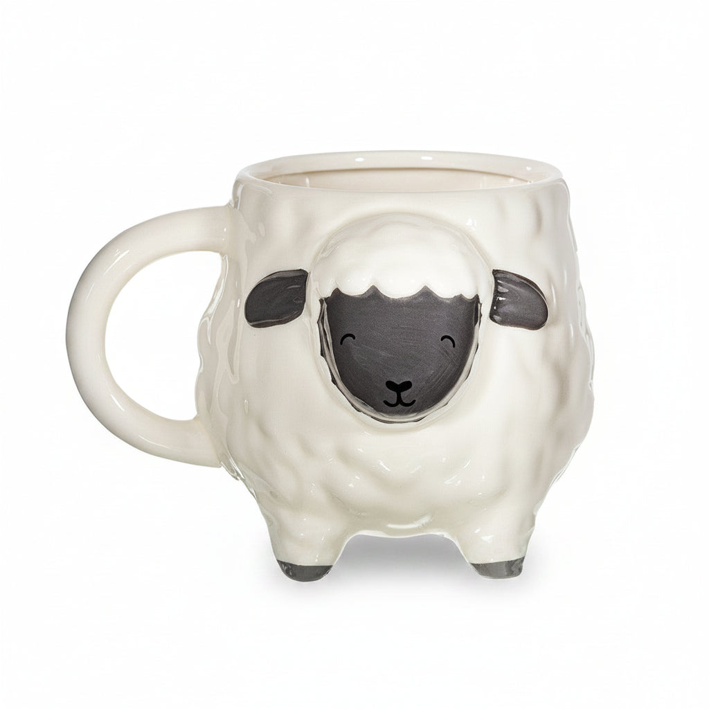 White ceramic sheep shaped mug with a grey face and chunky handle