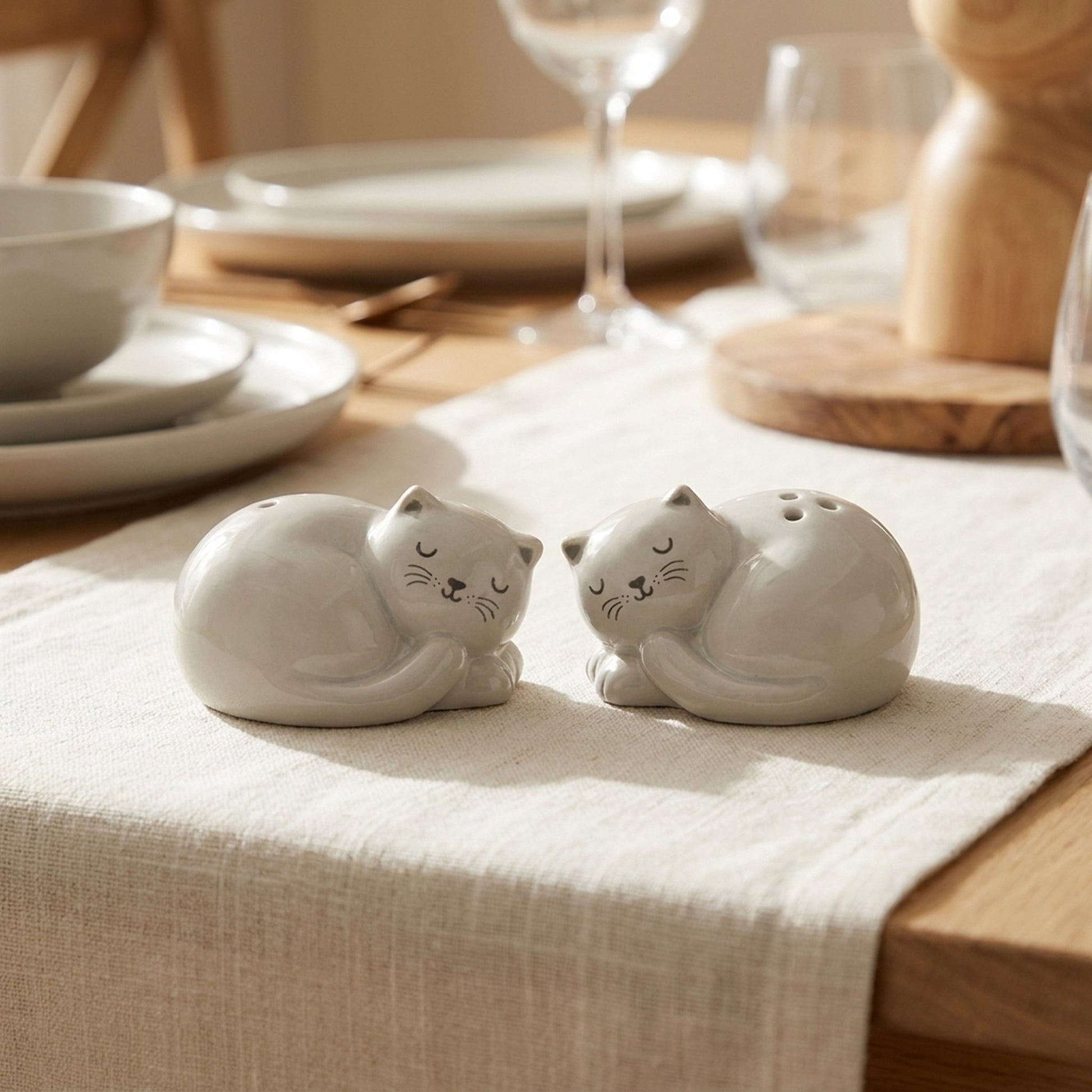 Sleeping Cat Salt and Pepper Shakers on a cream linen table runner