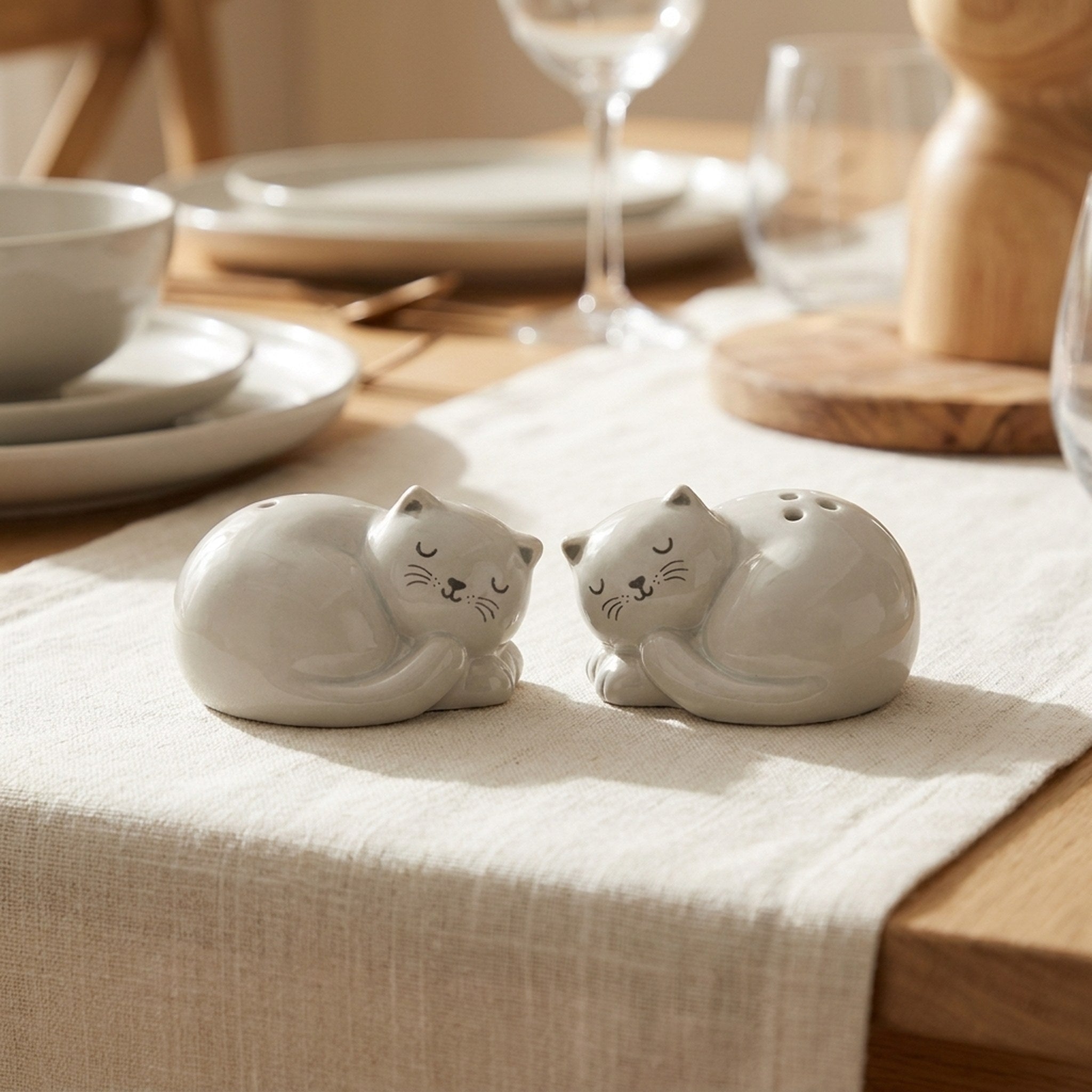 Sleeping Cat Salt and Pepper Shakers on a cream linen table runner