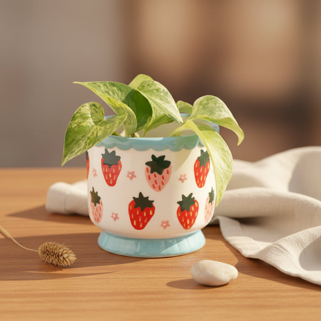 Strawberry mini planter holding a trailing green houseplant, on white background