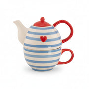 Blue striped stoneware teapot stacked on a matching cup with red handles