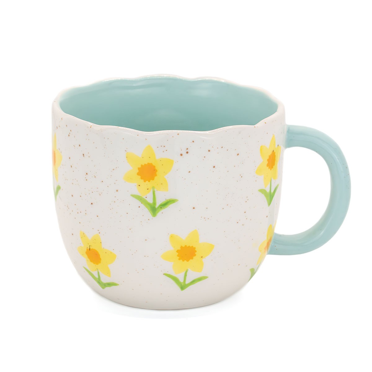 Surprise sheep mug exterior, white with yellow daffodils and mint handle, on white