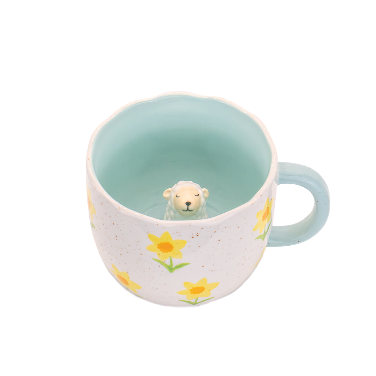 Sheep mug with peeking sheep inside and mint handle, on white background