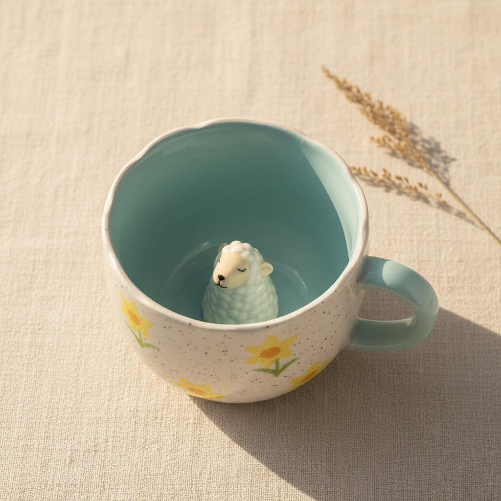 Sheep surprise mug with sheep inside and daffodil pattern, on white background