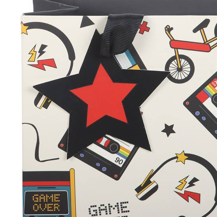 Bag displayed on colourful retro background