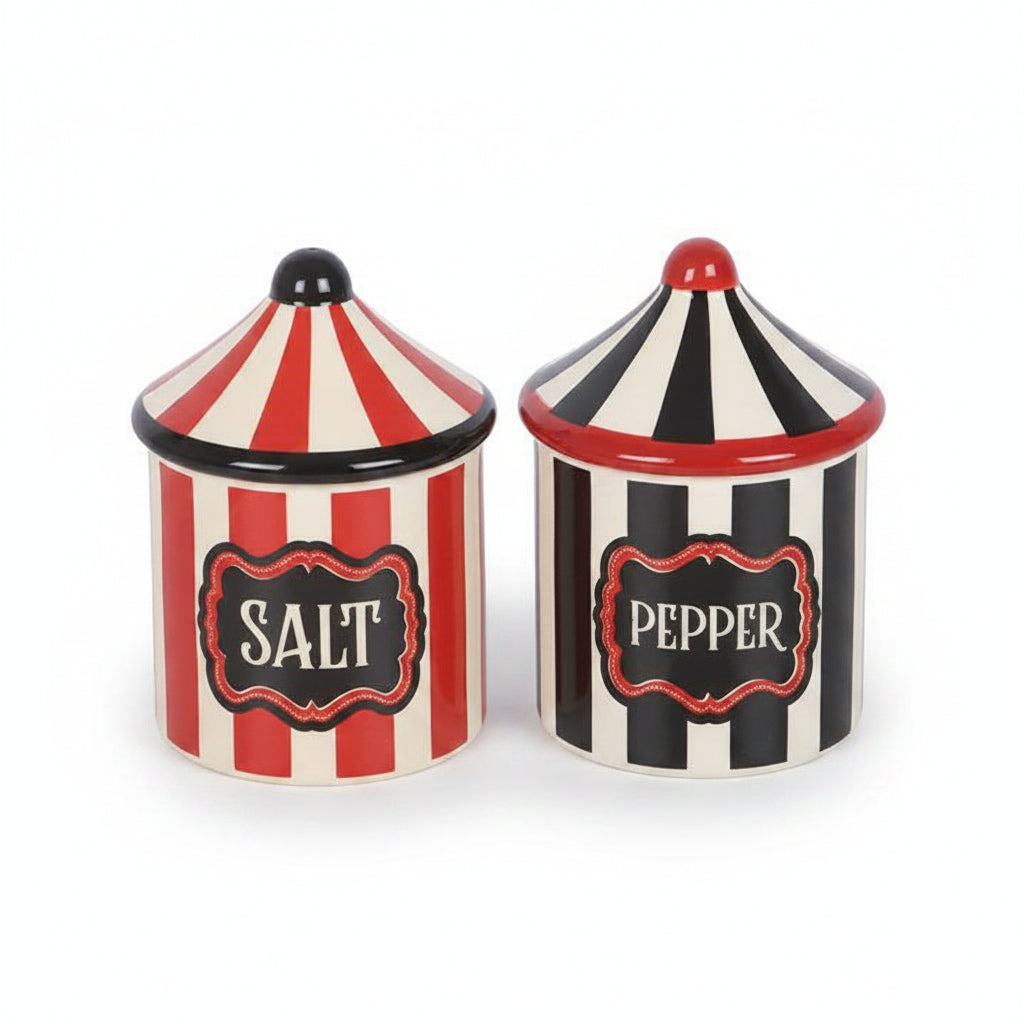 Front view showing red and black striped tent design on white background