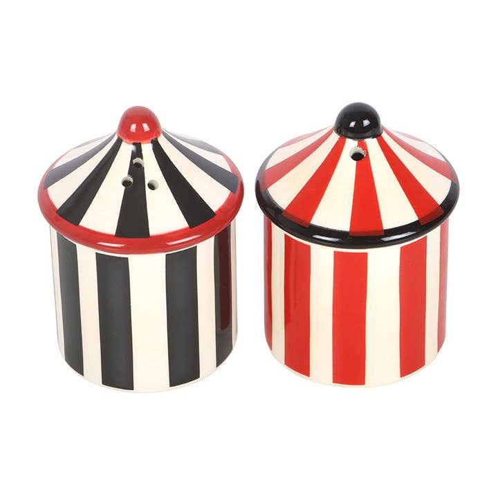 Angled view of ceramic shakers on white background