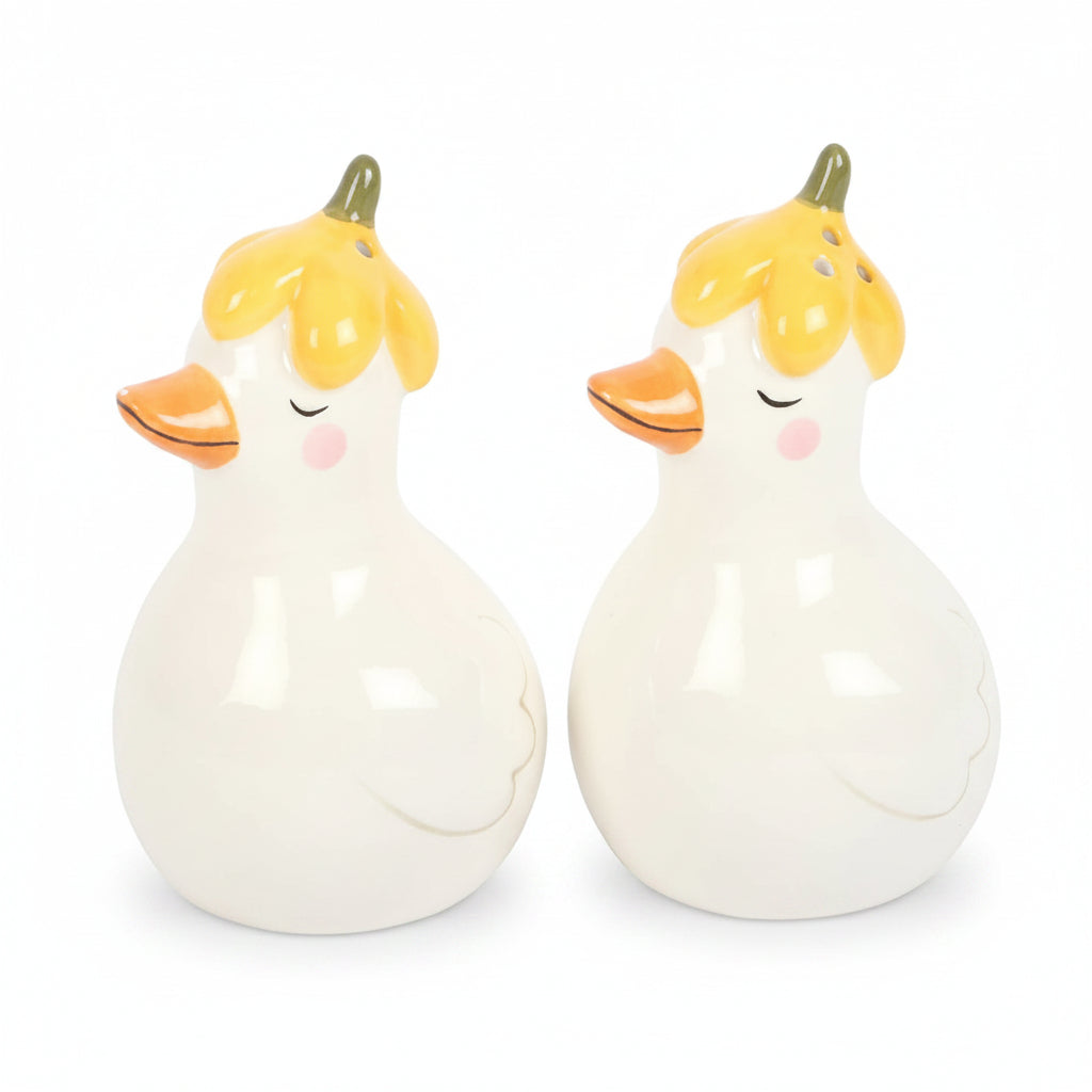 Ceramic duck salt and pepper shakers with daisy hats on white background