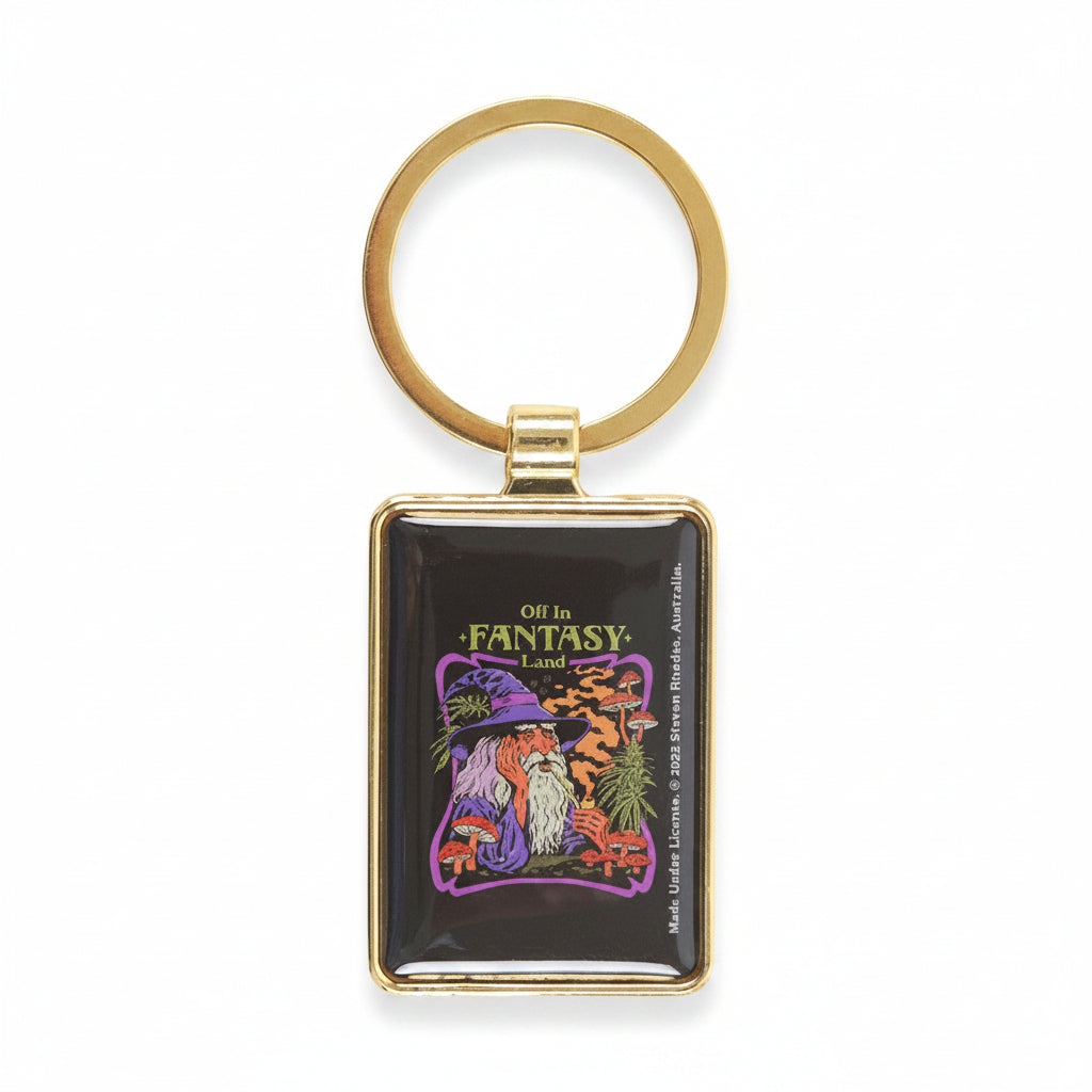 Close-up of keyring showing mushrooms and fantasy design