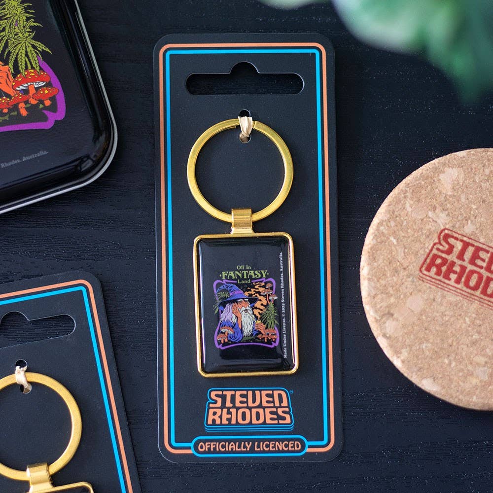 Keyring on packaging card against dark lifestyle background