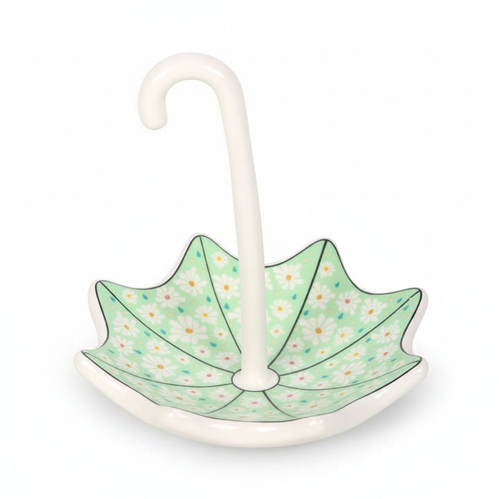 Top-down view showing floral pattern inside dish on white background