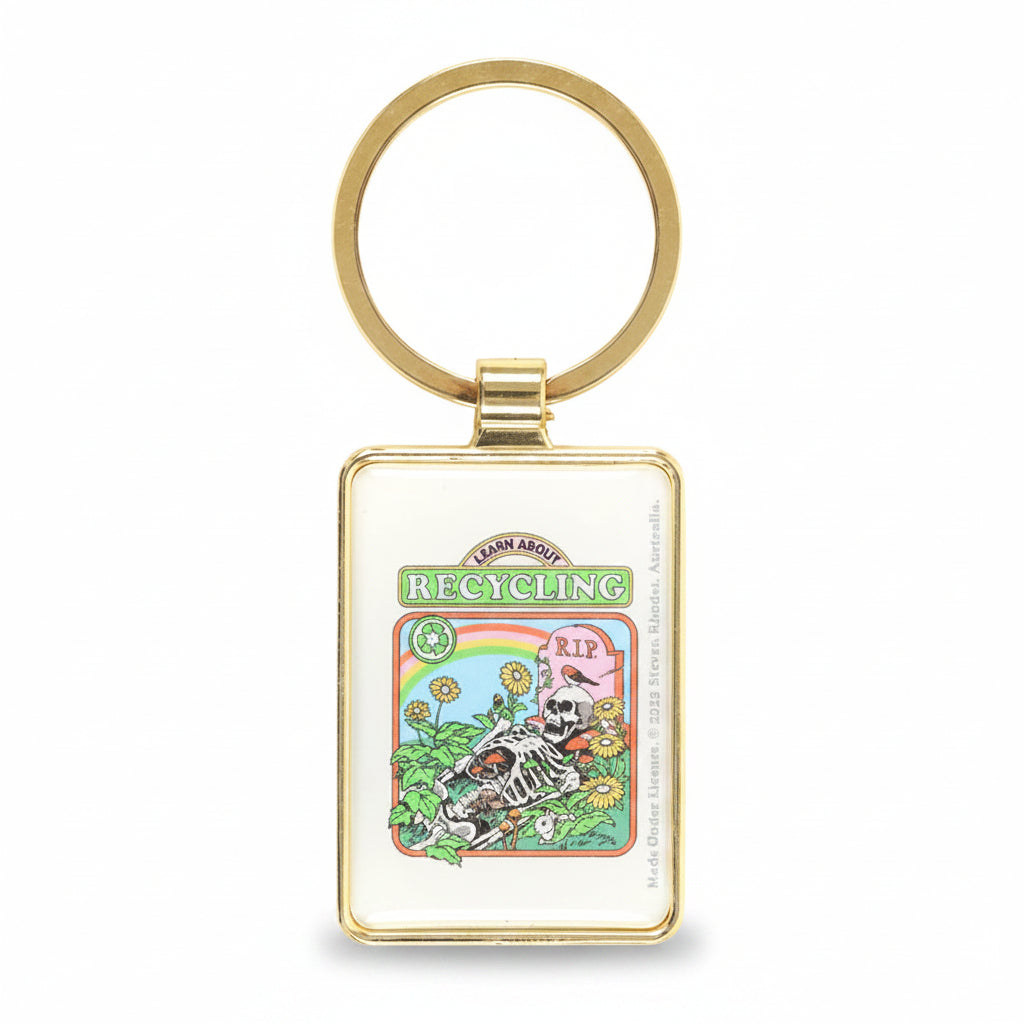 Close-up of keyring showing skeleton and sunflower design