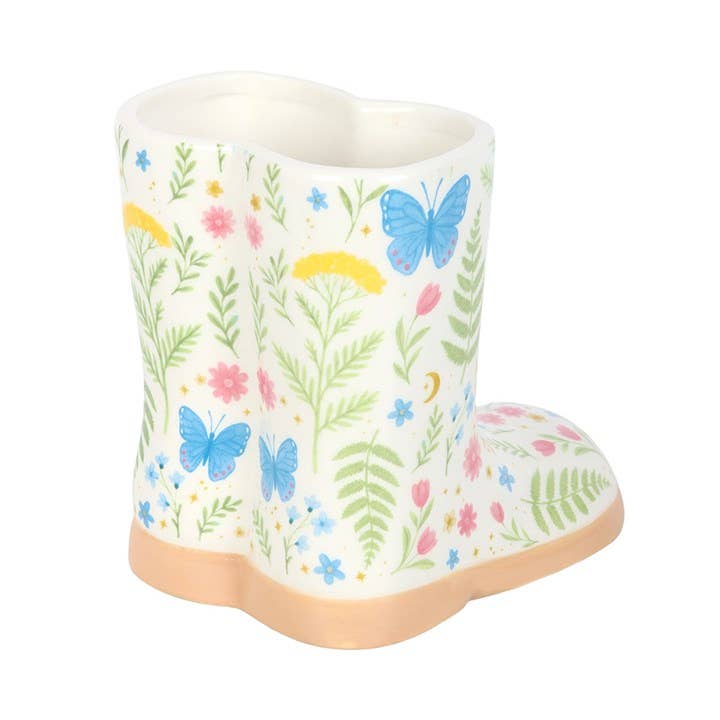 Front view of welly boot planter showing full design