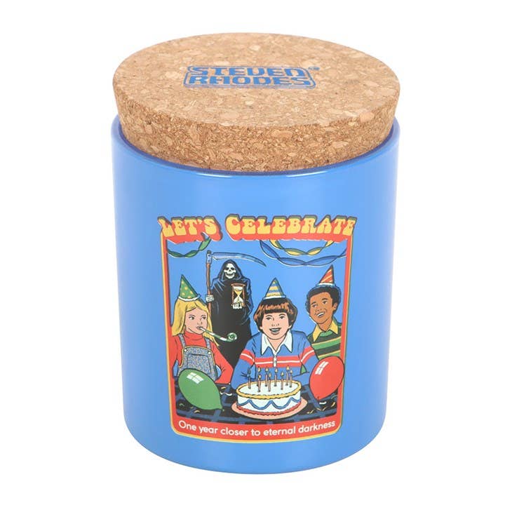 Close-up of candle label with retro artwork