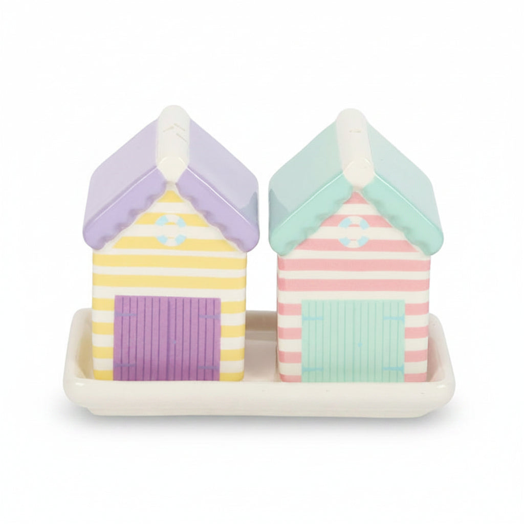 Pastel beach hut shakers front view on tray on white background