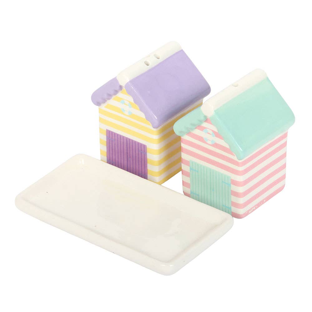 Beach hut shakers and tray shown as three separate ceramic pieces