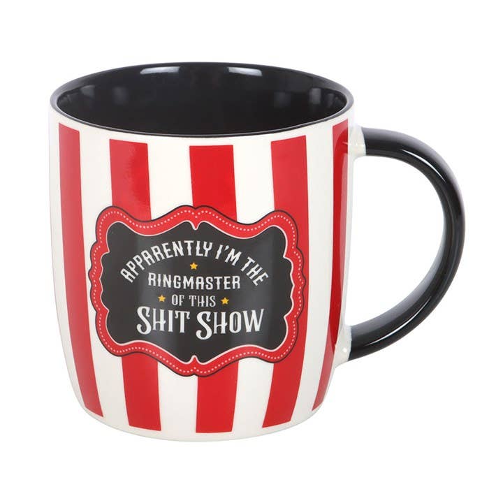 Angled view of circus stripe mug displaying handle pattern