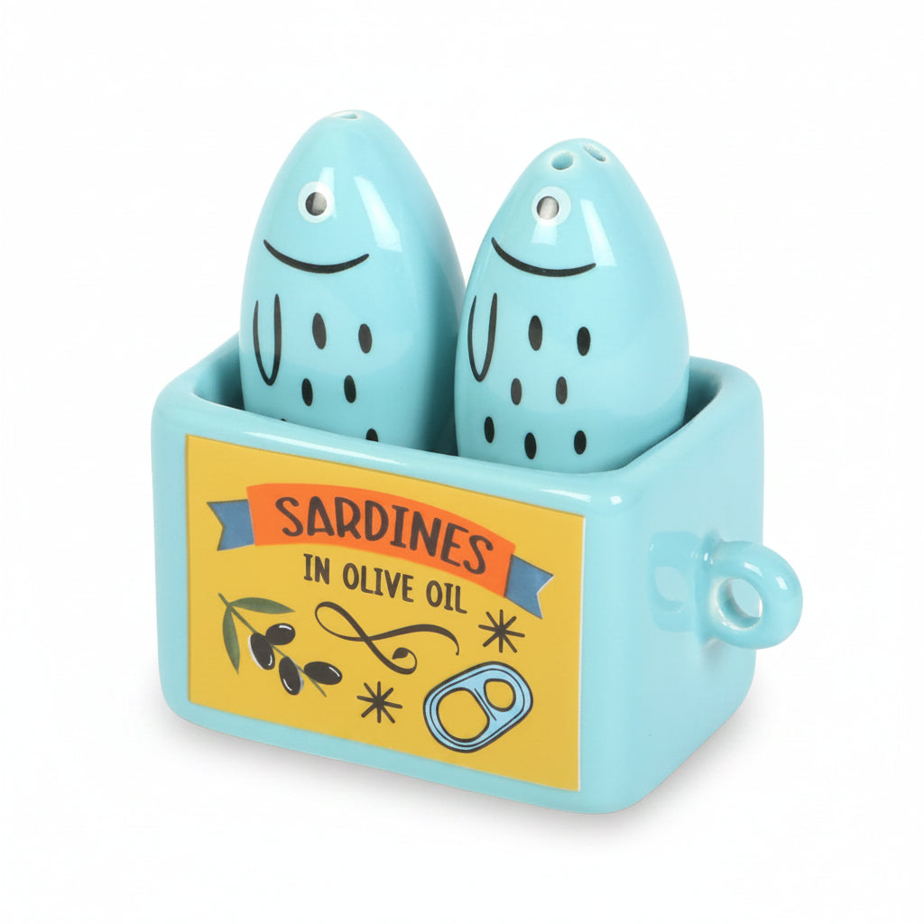 Angled view showing sardine details on white background