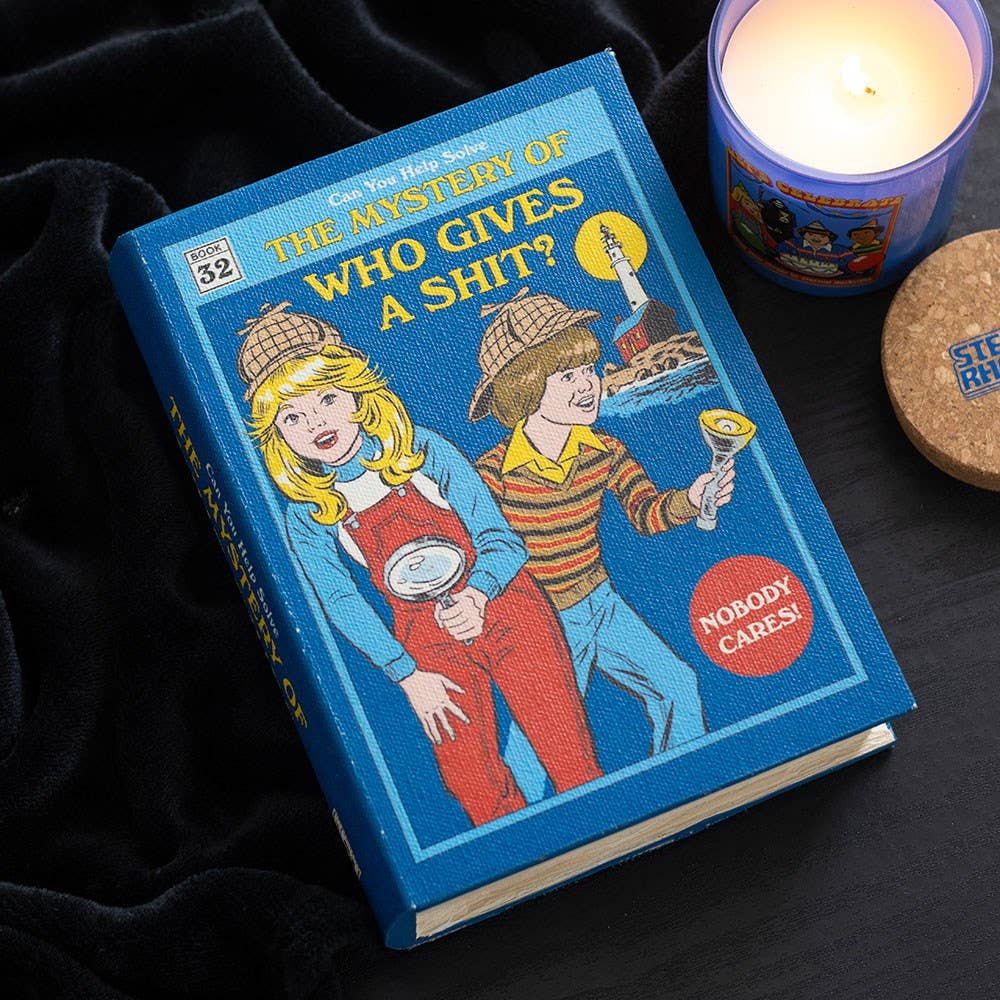 Closed book-shaped box showing front cover on dark background