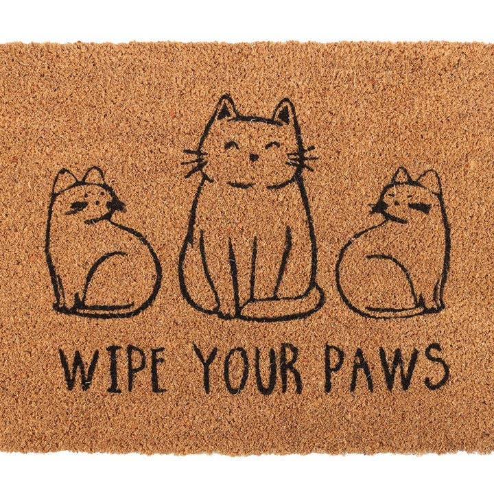 Closer view of doormat showing cat illustrations