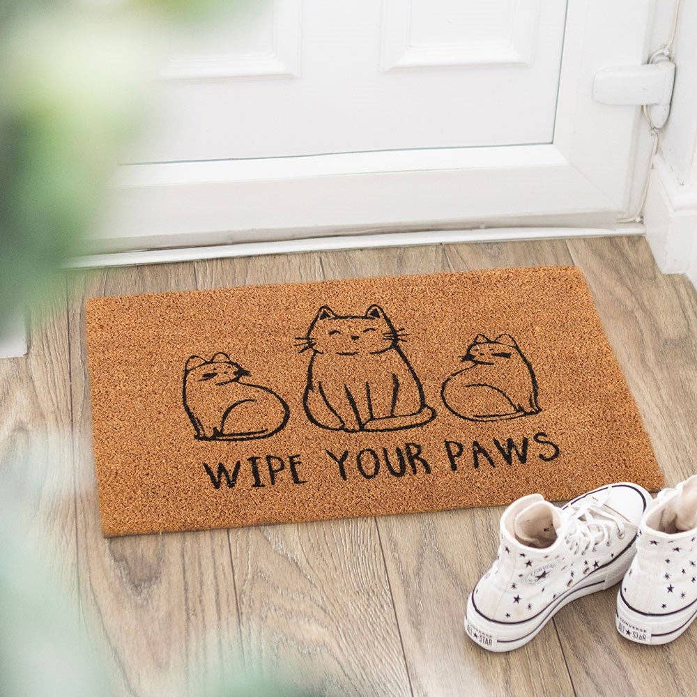 Coir doormat on wooden floor showing cats and text with shoes