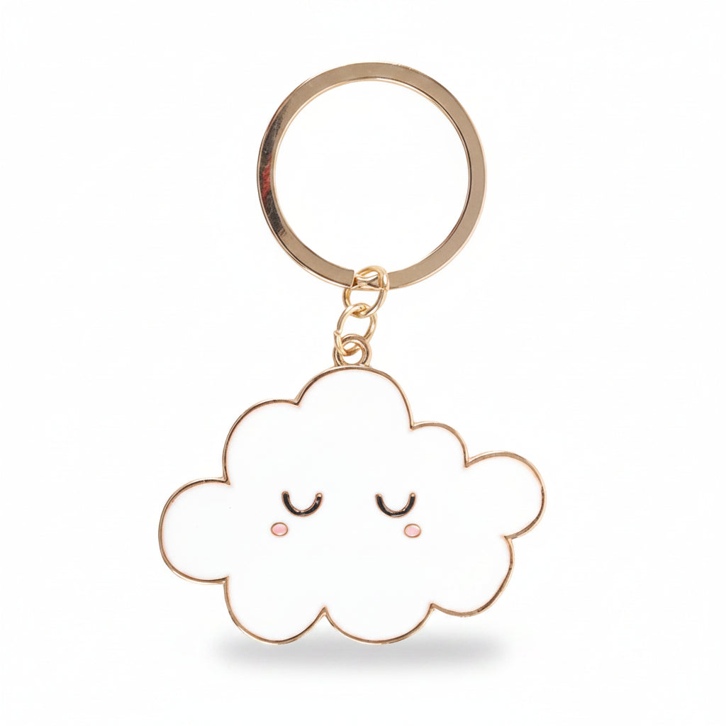 White enamel cloud charm close-up with gold outline and sleepy face