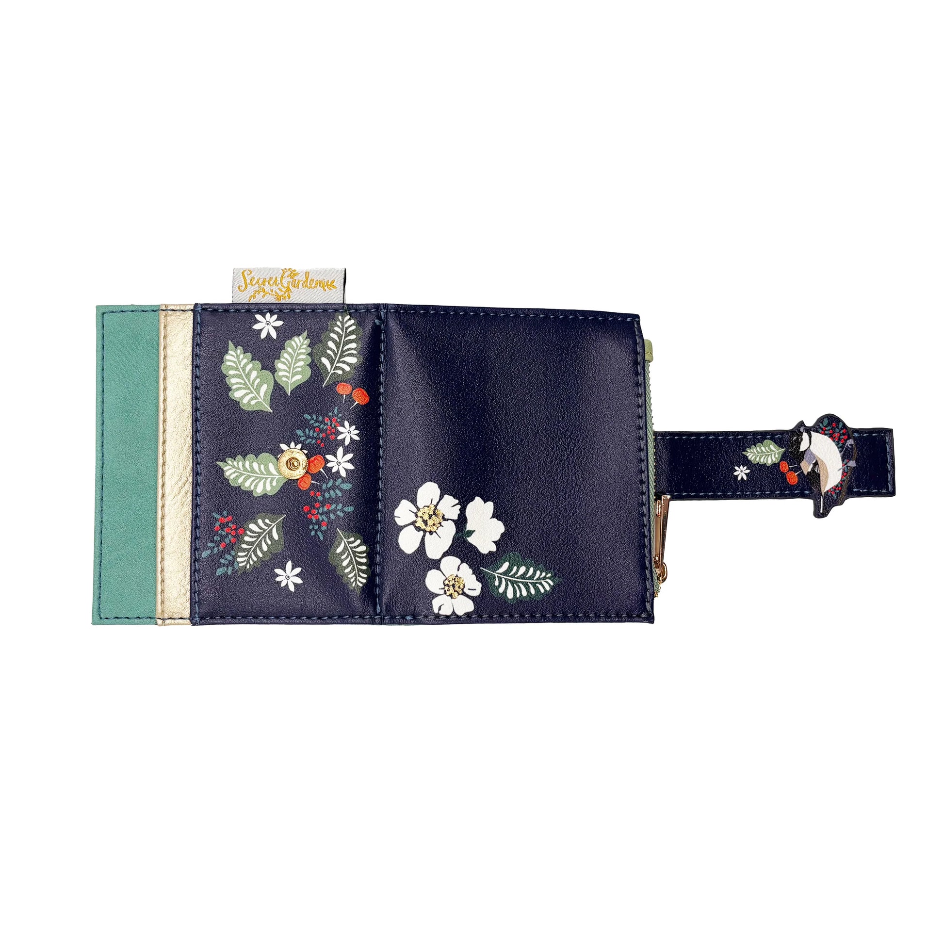 Bird purse open flat showing interior artwork