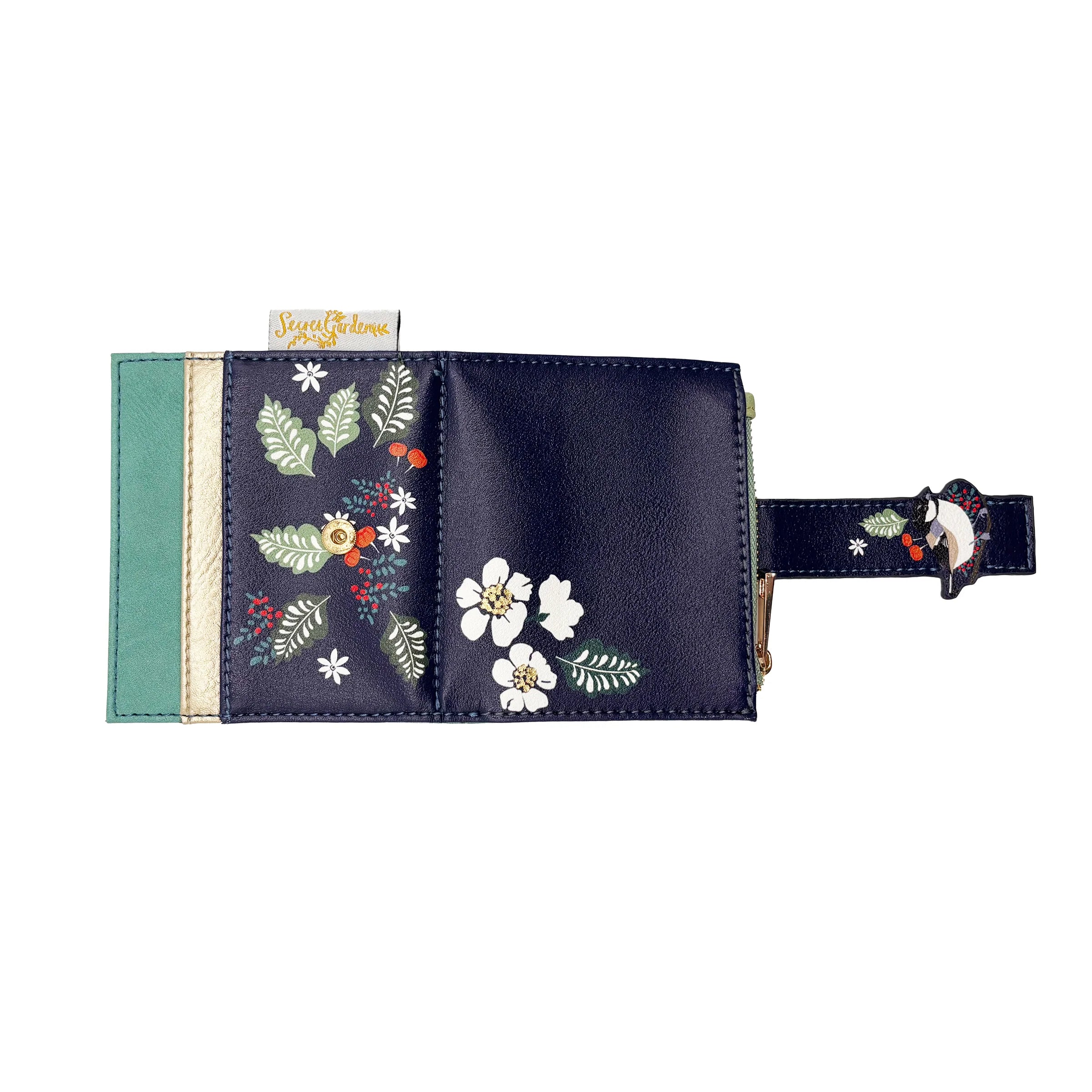Bird purse open flat showing interior artwork