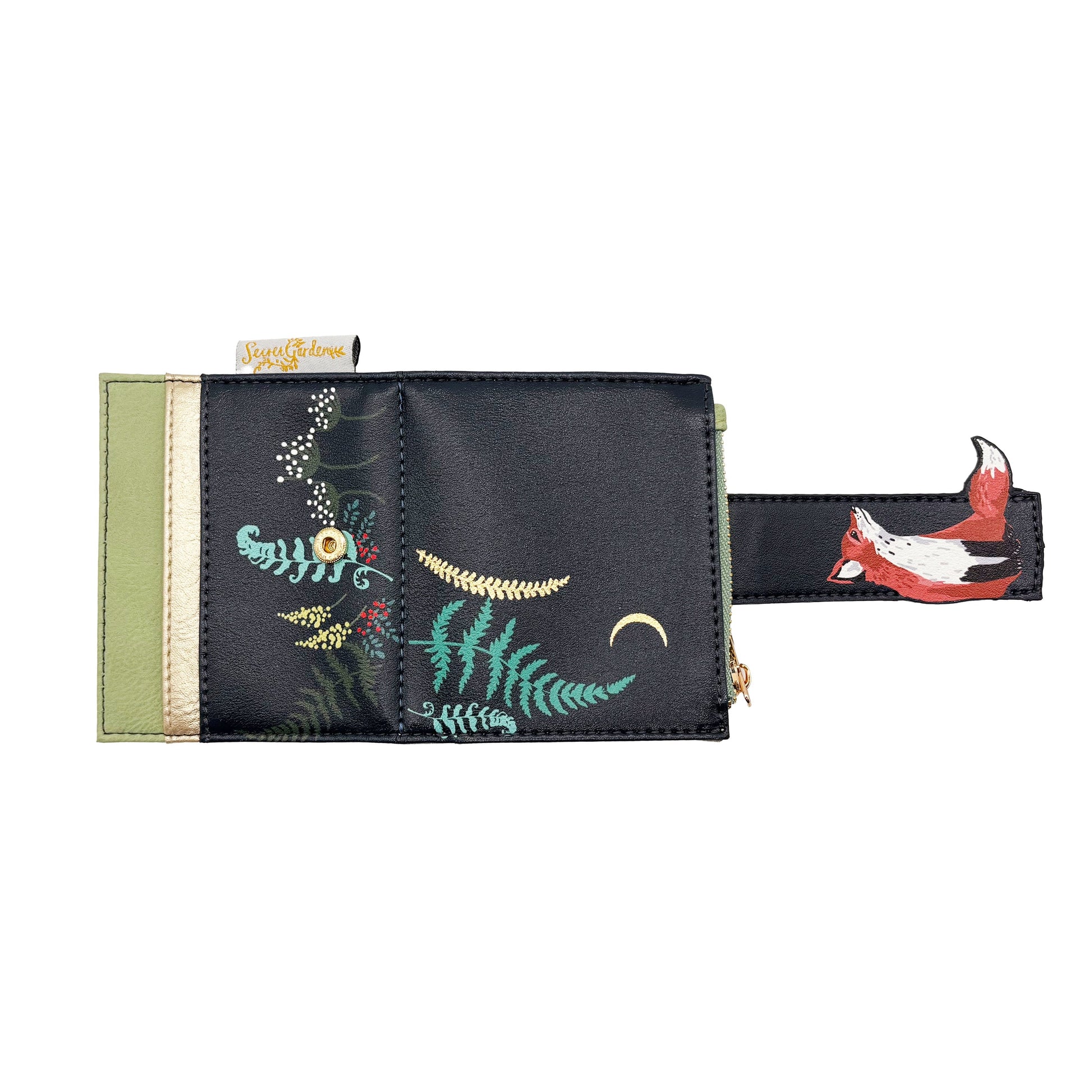 Fox cardholder open flat showing interior artwork and strap detail