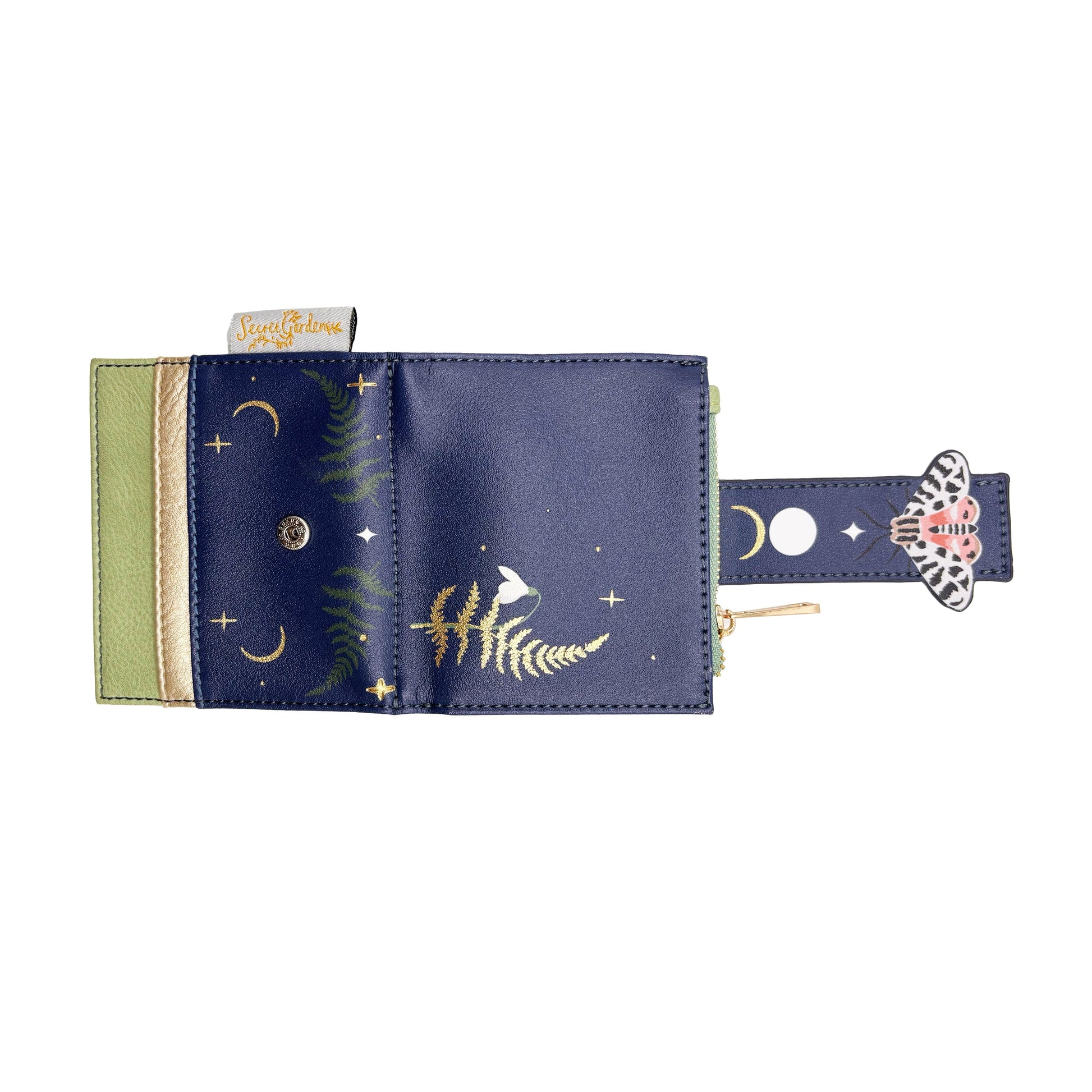 Moth purse open flat showing interior artwork and strap