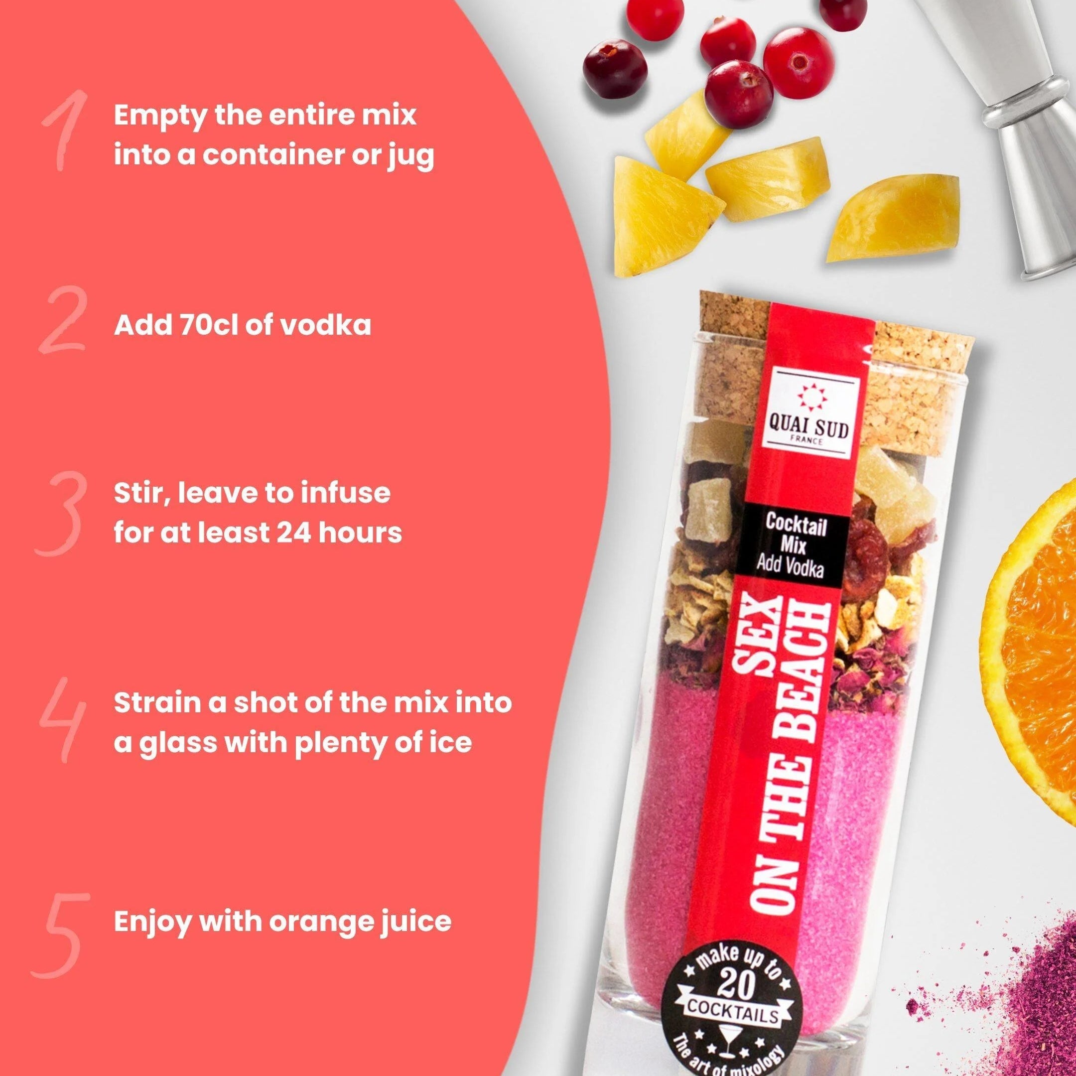 Sex On The Beach cocktail mix with fruit ingredients and instructions
