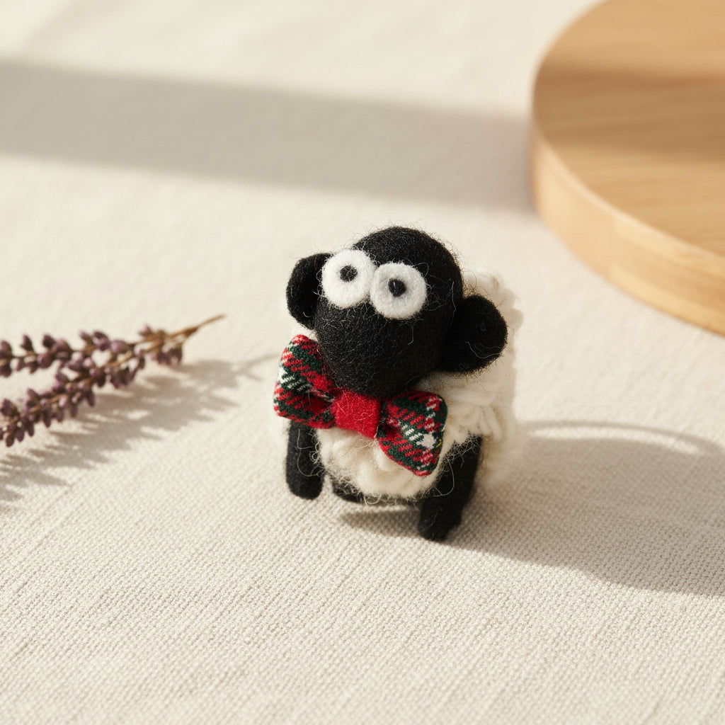 Small plush toy sheep with a red tartan scarf on a white background