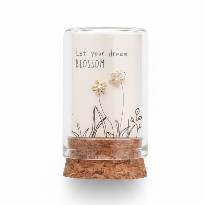 Silver and gold blossom flower earrings with sentiment card