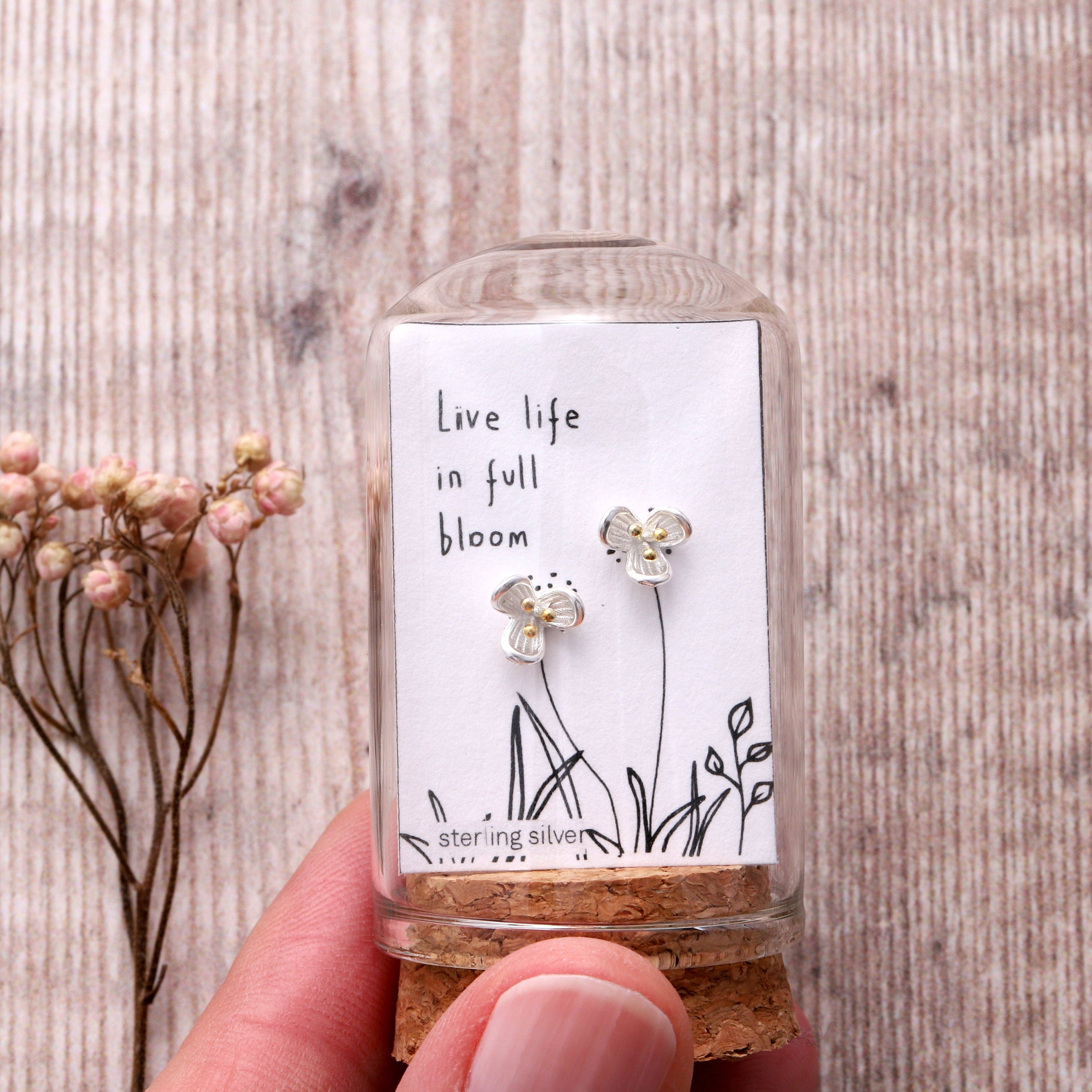Silver three-petal flower earrings, Live Life in Full Bloom