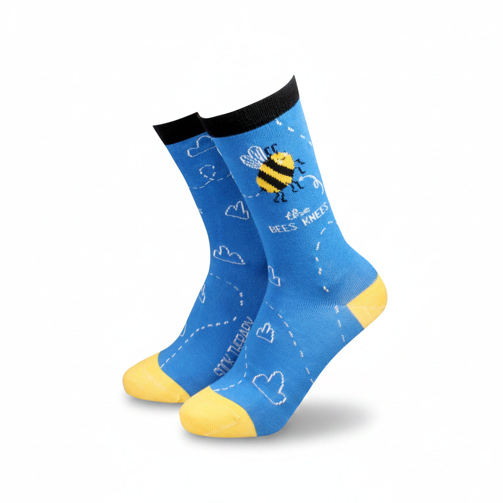 Bees knees blue bamboo socks with bumble bee on white background