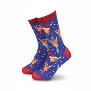 Navy bamboo socks covered in Highland cows in festive hats