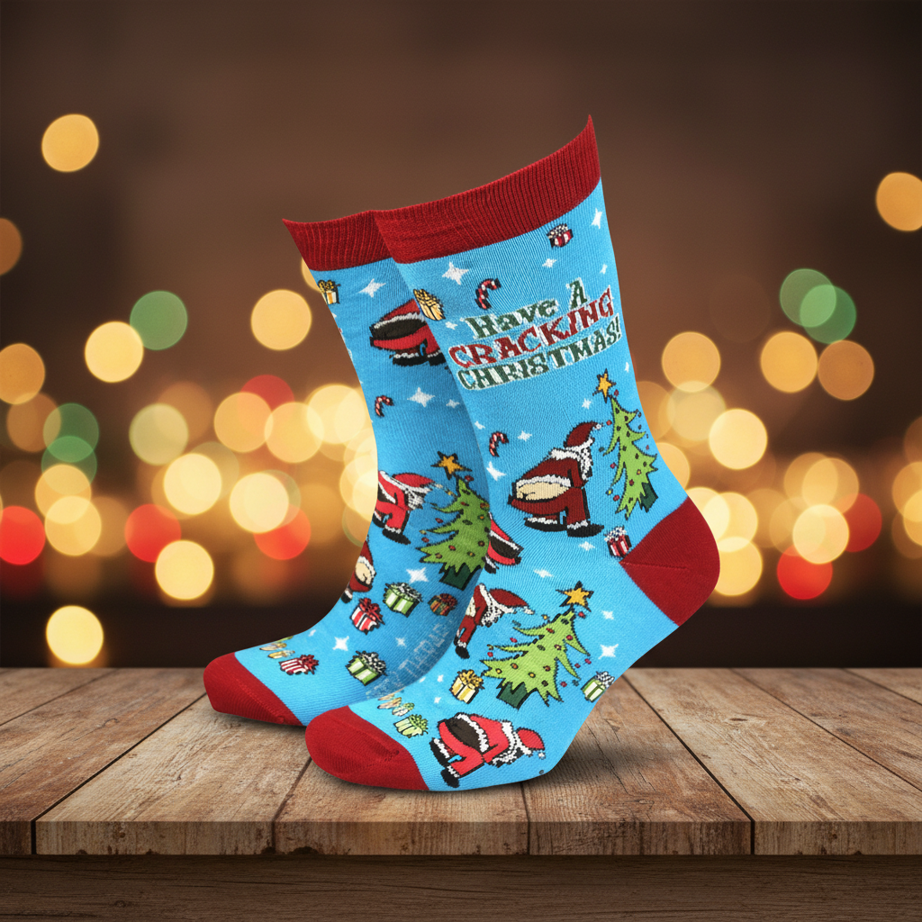 A pair of crew socks with a light blue background featuring a Christmas-themed cartoon pattern of Santa Claus, a Christmas tree, candy canes, and gift boxes. The socks have red cuffs, heels, and toes, and the front sock displays the text 'Have a Cracking Christmas'.