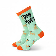 Dog mum bamboo socks in mint green with orange accents on white background
