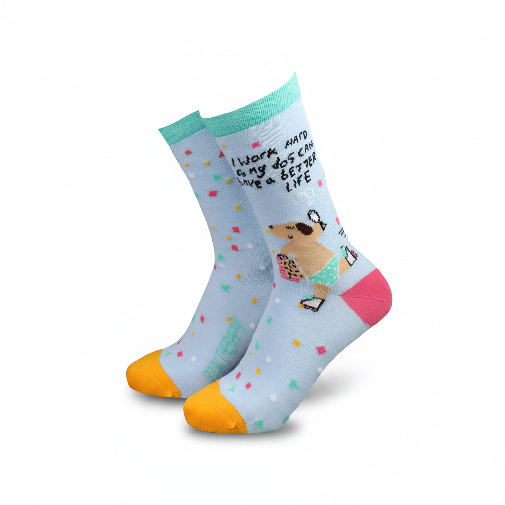 Dog lover bamboo socks with shopping dog design on white background