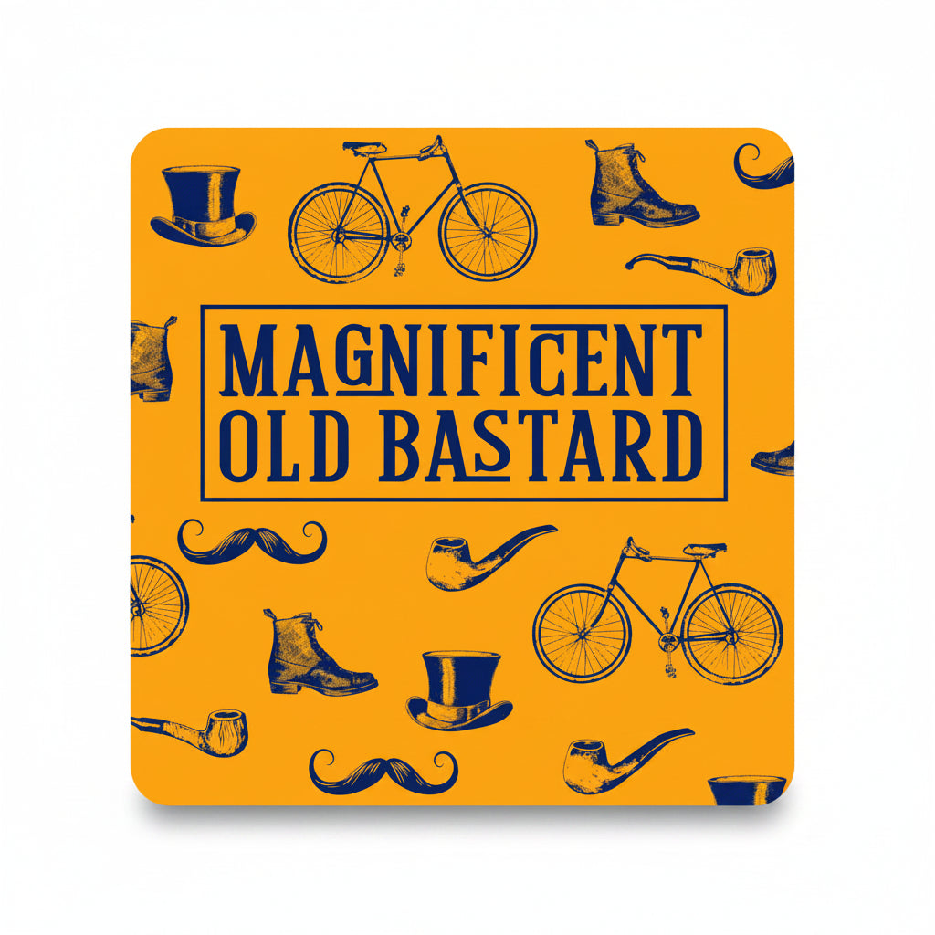 Mustard yellow coaster with top hats, pipes and penny farthings