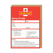 Red belated card designed as a Snail Mail sorry it is late delivery slip