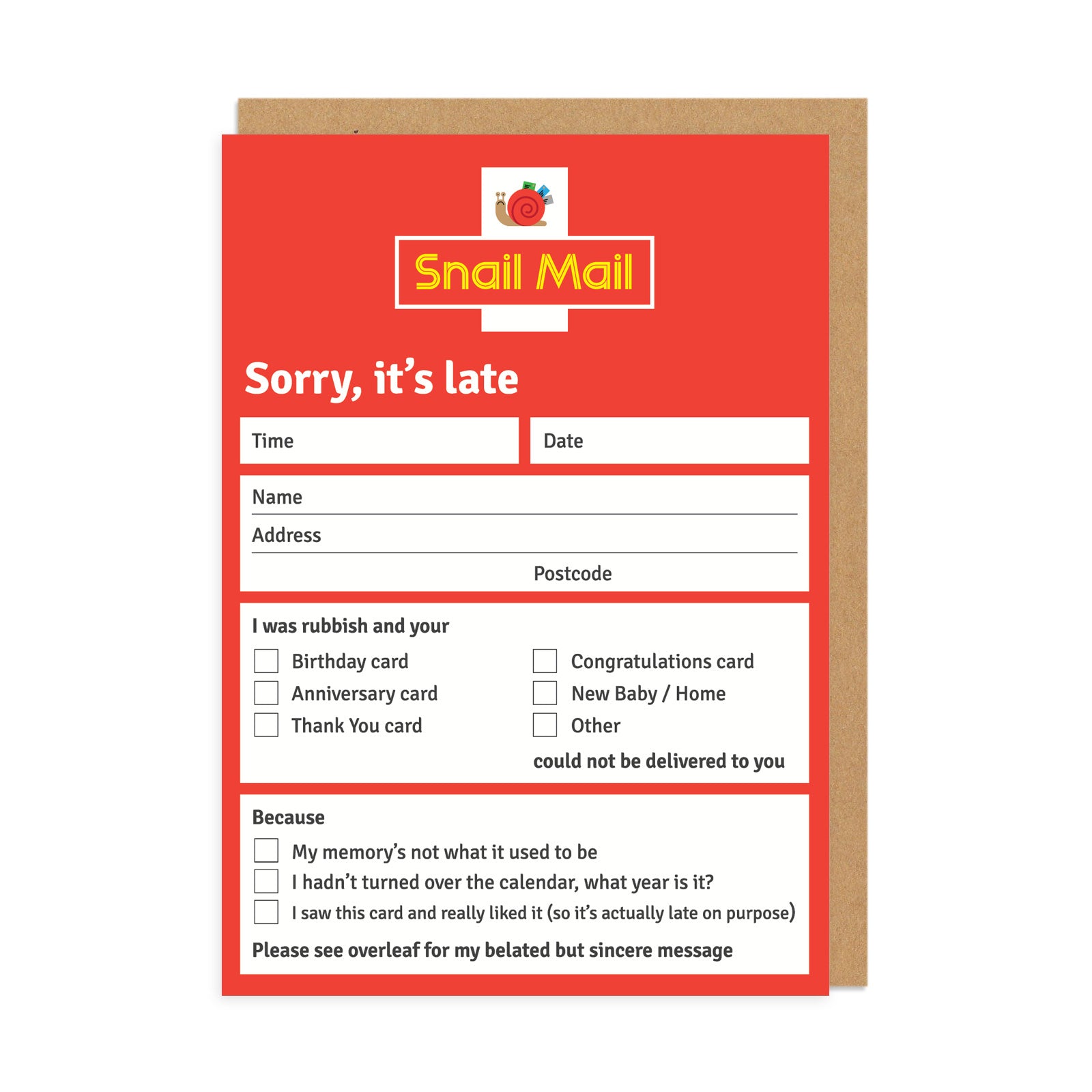 Red belated card designed as a Snail Mail sorry it is late delivery slip