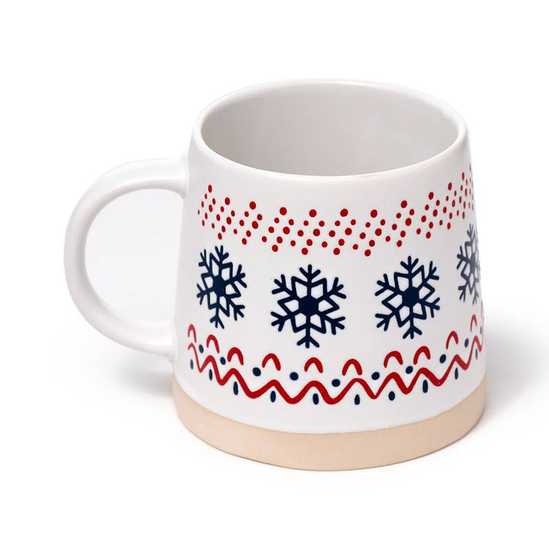 Snowflake Stoneware Mug with blue snowflake and red festive pattern, shown from the front on a white background.